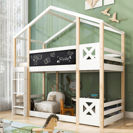 Cama infantil 90x200 cm - Cama tipo árvore com escada e 2x estrado - Natural e Branco