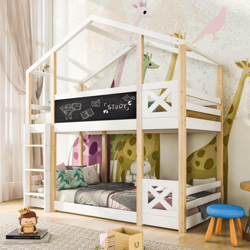 Cama infantil 90x200 cm - Cama tipo árvore com escada e 2x estrado - Natural e Branco