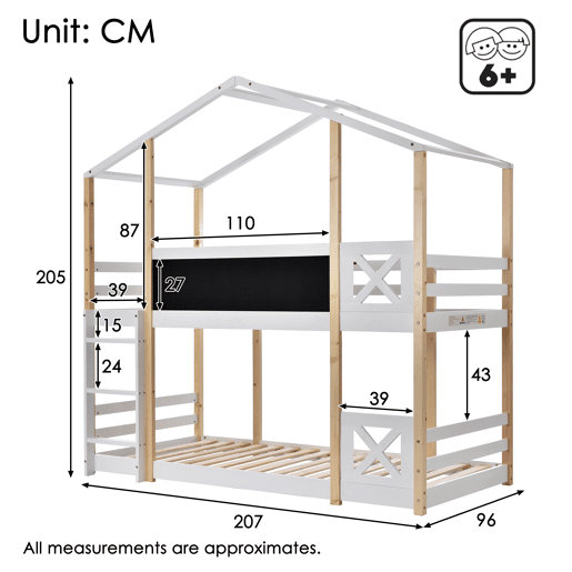 Cama infantil 90x200 cm - Cama tipo árvore com escada e 2x estrado - Natural e Branco