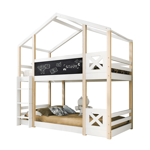 Cama infantil 90x200 cm - Cama tipo árvore com escada e 2x estrado - Natural e Branco