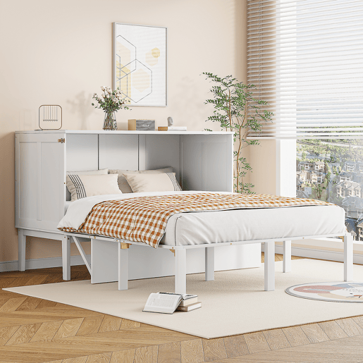 Cama rebatível 140x200 cm - Cama de parede com estrado, cama vertical com estrado, cama juvenil - Branca