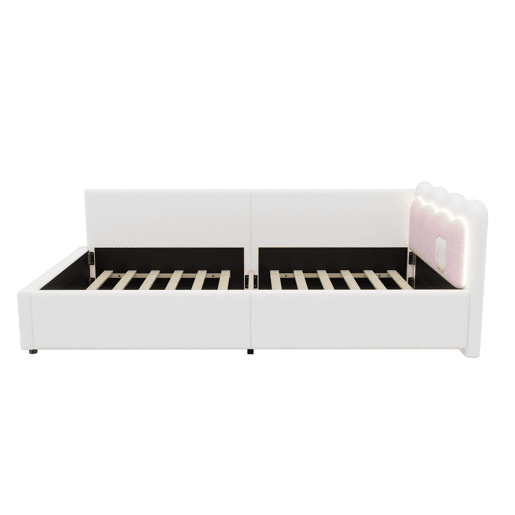 Cama Daybett 90x200 cm - Sofá-cama, luz ambiente LED com controlo remoto, cama com estrado (sem colchão), imitação de felpa - Branco