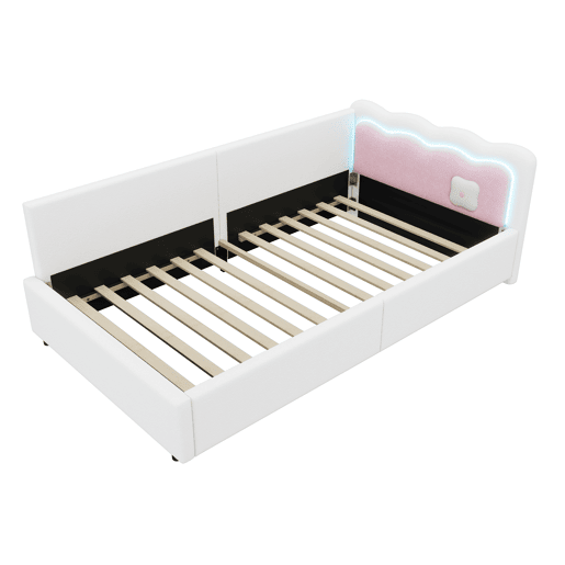 Cama Daybett 90x200 cm - Sofá-cama, luz ambiente LED com controlo remoto, cama com estrado (sem colchão), imitação de felpa - Branco