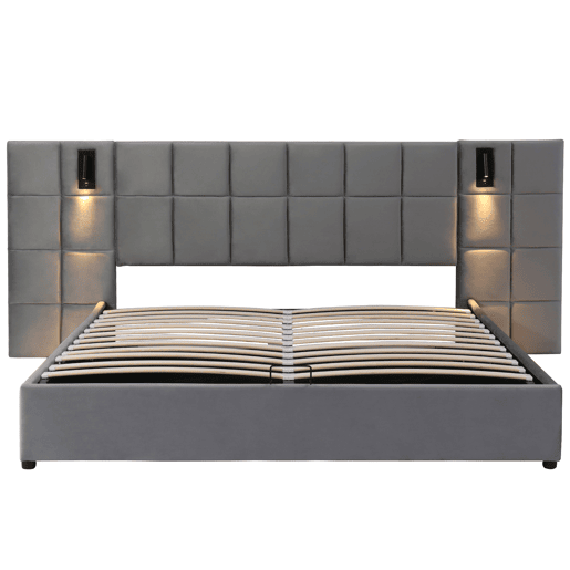 Cama estofada 160*200 - Cama com arrumação hidráulica, candeeiro direcionável e carregador USB, cabeceira acolchoada, padrão xadrez, estrutura em aço - cinzento