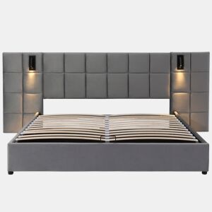 Cama estofada 160*200 - Cama com arrumação hidráulica, candeeiro direcionável e carregador USB, cabeceira acolchoada, padrão xadrez, estrutura em aço - cinzento