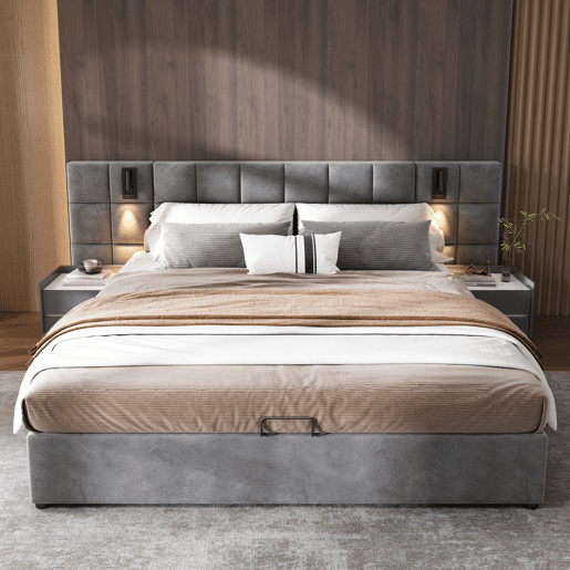 Cama estofada 160*200 - Cama com arrumação hidráulica, candeeiro direcionável e carregador USB, cabeceira acolchoada, padrão xadrez, estrutura em aço - cinzento