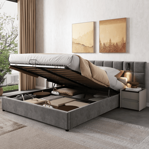 Cama estofada 160*200 - Cama com arrumação hidráulica, candeeiro direcionável e carregador USB, cabeceira acolchoada, padrão xadrez, estrutura em aço - cinzento