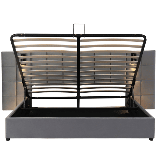 Cama estofada 160*200 - Cama com arrumação hidráulica, candeeiro direcionável e carregador USB, cabeceira acolchoada, padrão xadrez, estrutura em aço - cinzento
