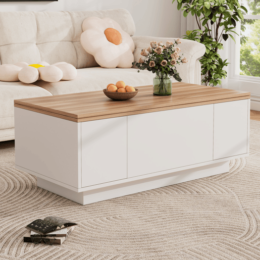 Mesa de centro moderna com mecanismo duplo elevável, arrumação oculta, suporta até 50 kg - BrancoNatural