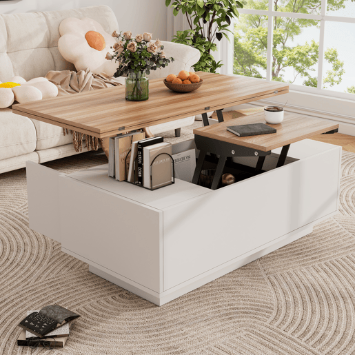 Mesa de centro moderna com mecanismo duplo elevável, arrumação oculta, suporta até 50 kg - BrancoNatural