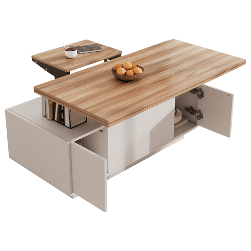 Mesa de centro moderna com mecanismo duplo elevável, arrumação oculta, suporta até 50 kg - BrancoNatural