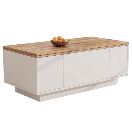 Mesa de centro moderna com mecanismo duplo elevável, arrumação oculta, suporta até 50 kg - BrancoNatural