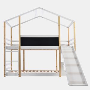 Cama infantil 90x200 cm - Cama alta com escorregador e escada - Natural e Branco