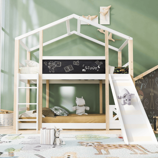 Cama infantil 90x200 cm - Cama alta com escorregador e escada - Natural e Branco
