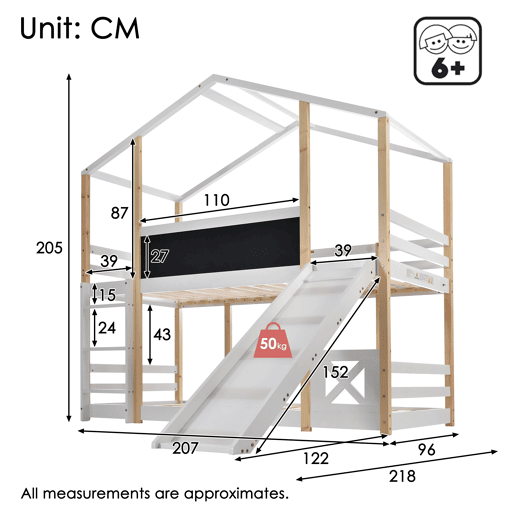Cama infantil 90x200 cm - Cama alta com escorregador e escada - Natural e Branco
