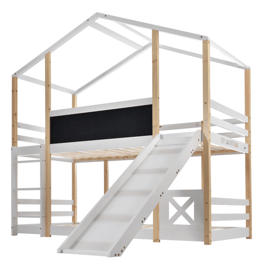 Cama infantil 90x200 cm - Cama alta com escorregador e escada - Natural e Branco