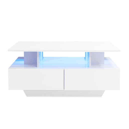 Mesa de centro moderna 90x55x41 cm - Com LED, 2 gavetas, design elegante - Branco