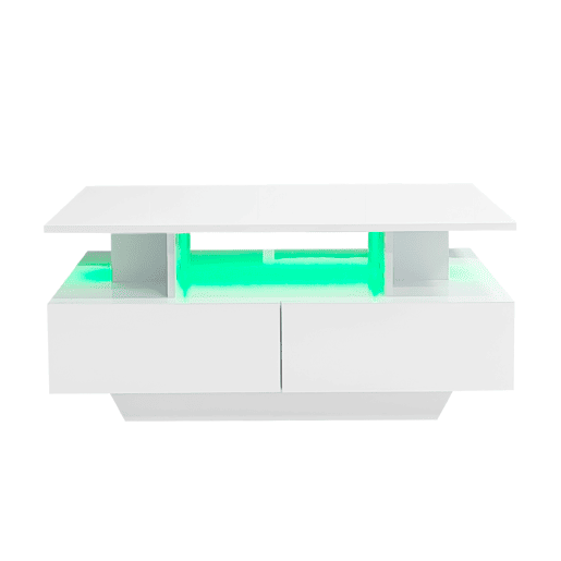 Mesa de centro moderna 90x55x41 cm - Com LED, 2 gavetas, design elegante - Branco