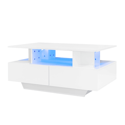 Mesa de centro moderna 90x55x41 cm - Com LED, 2 gavetas, design elegante - Branco