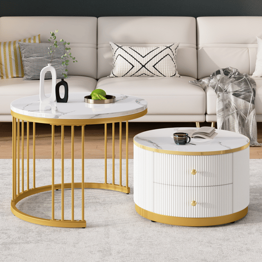 Conjunto de mesas de centro empilháveis 60x60x45,5 cm e 50x50x32 cm - Mesas redondas com acabamento em mármore, 2 gavetas, carga até 30 kg - Branco Conjunto de mesas de centro empilháveis 60x60x45,5 cm e 50x50x32 cm - Mesas redondas com acabamento em mármore, 2 gavetas, carga até 30 kg - Branco