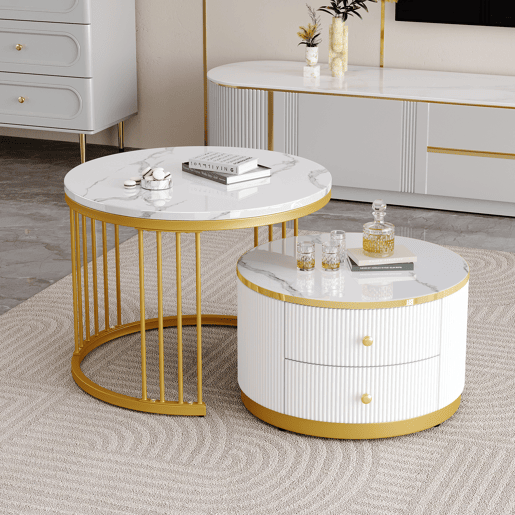 Conjunto de mesas de centro empilháveis 60x60x45,5 cm e 50x50x32 cm - Mesas redondas com acabamento em mármore, 2 gavetas, carga até 30 kg - Branco Conjunto de mesas de centro empilháveis 60x60x45,5 cm e 50x50x32 cm - Mesas redondas com acabamento em mármore, 2 gavetas, carga até 30 kg - Branco