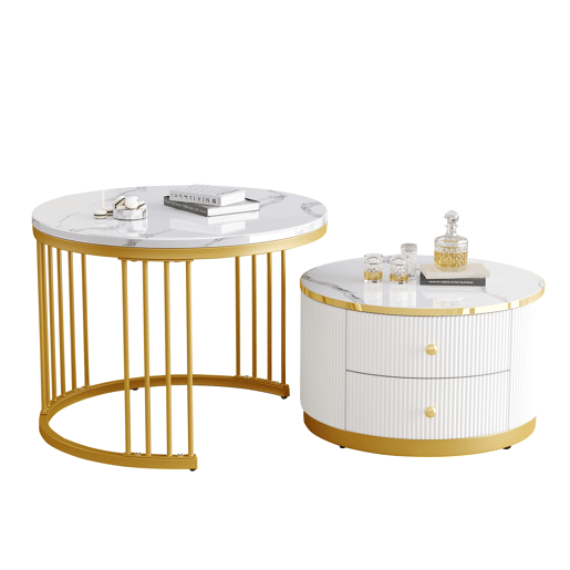Conjunto de mesas de centro empilháveis 60x60x45,5 cm e 50x50x32 cm - Mesas redondas com acabamento em mármore, 2 gavetas, carga até 30 kg - Branco Conjunto de mesas de centro empilháveis 60x60x45,5 cm e 50x50x32 cm - Mesas redondas com acabamento em mármore, 2 gavetas, carga até 30 kg - Branco
