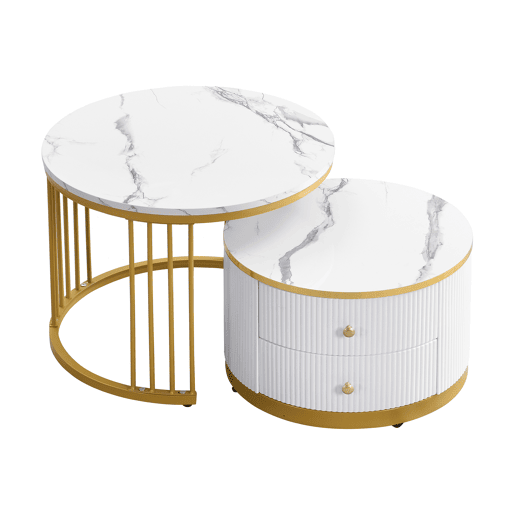 Conjunto de mesas de centro empilháveis 60x60x45,5 cm e 50x50x32 cm - Mesas redondas com acabamento em mármore, 2 gavetas, carga até 30 kg - Branco Conjunto de mesas de centro empilháveis 60x60x45,5 cm e 50x50x32 cm - Mesas redondas com acabamento em mármore, 2 gavetas, carga até 30 kg - Branco
