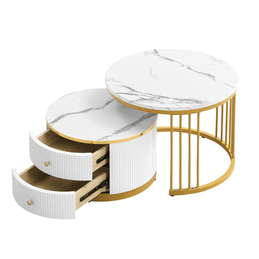 Conjunto de mesas de centro empilháveis 60x60x45,5 cm e 50x50x32 cm - Mesas redondas com acabamento em mármore, 2 gavetas, carga até 30 kg - Branco Conjunto de mesas de centro empilháveis 60x60x45,5 cm e 50x50x32 cm - Mesas redondas com acabamento em mármore, 2 gavetas, carga até 30 kg - Branco