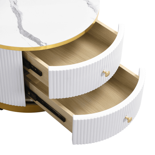 Conjunto de mesas de centro empilháveis 60x60x45,5 cm e 50x50x32 cm - Mesas redondas com acabamento em mármore, 2 gavetas, carga até 30 kg - Branco Conjunto de mesas de centro empilháveis 60x60x45,5 cm e 50x50x32 cm - Mesas redondas com acabamento em mármore, 2 gavetas, carga até 30 kg - Branco