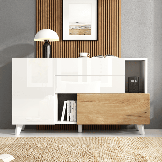 Aparador moderno 150 cm - Aparador com arrumação - Branco brilhante