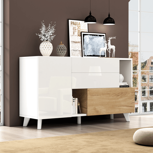 Aparador moderno 150 cm - Aparador com arrumação - Branco brilhante