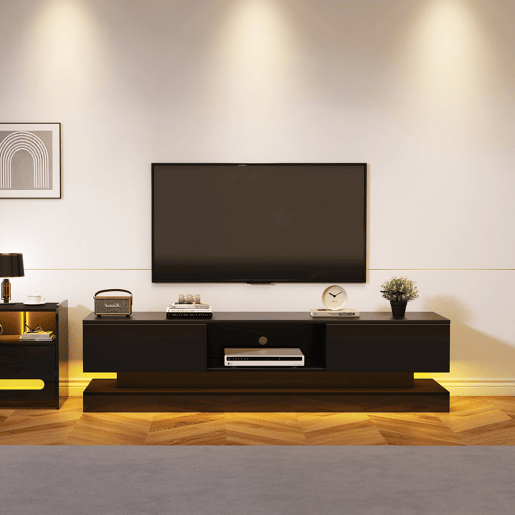 Móvel de TV 160x35x40,5 cm - Com LED, 2 gavetas, controlo de aplicação, design anti-queda - Preto
