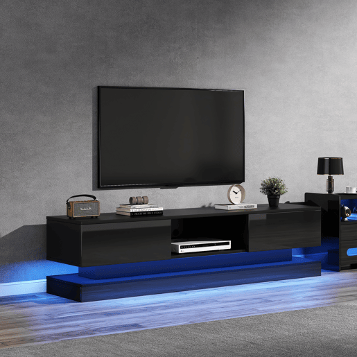 Móvel de TV 160x35x40,5 cm - Com LED, 2 gavetas, controlo de aplicação, design anti-queda - Preto