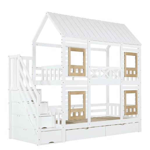 Beliche 90x200cm - Com proteção, janela, 2 gavetas, escada com 4 prateleiras - Branco+Natural