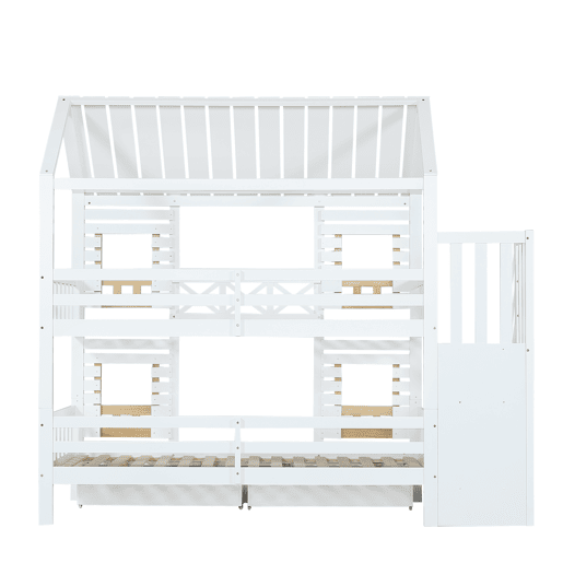 Beliche 90x200cm - Com proteção, janela, 2 gavetas, escada com 4 prateleiras - Branco+Natural