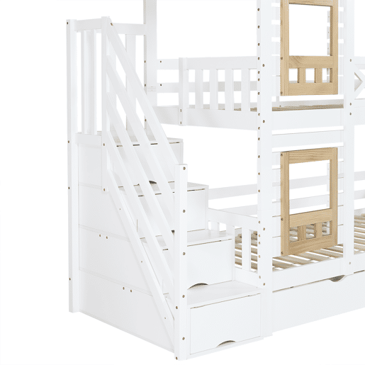 Beliche 90x200cm - Com proteção, janela, 2 gavetas, escada com 4 prateleiras - Branco+Natural