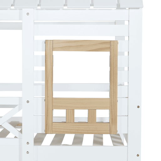 Beliche 90x200cm - Com proteção, janela, 2 gavetas, escada com 4 prateleiras - Branco+Natural