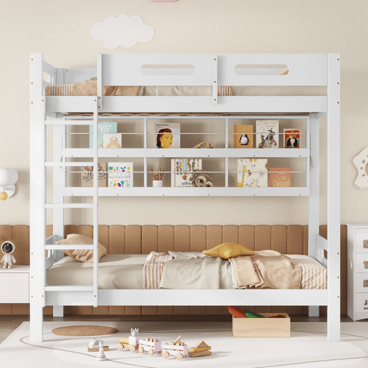 Cama alta infantil 90x200 - Com grade de segurança, prateleira aberta, escada de cinco degraus, amplo espaço de armazenamento - Branco