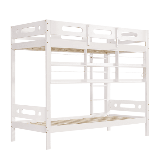 Cama alta infantil 90x200 - Com grade de segurança, prateleira aberta, escada de cinco degraus, amplo espaço de armazenamento - Branco
