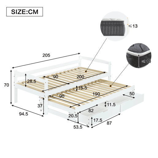 Cama extra 200x90190x90 - com estrado deslizante e 2 gavetas de arrumação - branco Cama extra 200x90190x90 - com estrado deslizante e 2 gavetas de arrumação - branco