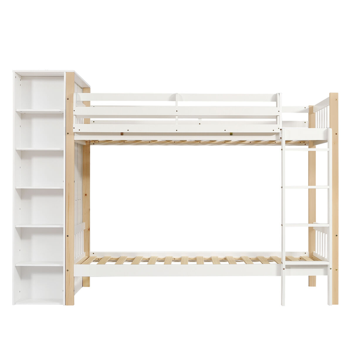 Litera infantil 90x200cm - con protección contra caídas y barrera, con escalera de 4 peldaños, 6 estantes abiertos, armario lateral - blanco+natural