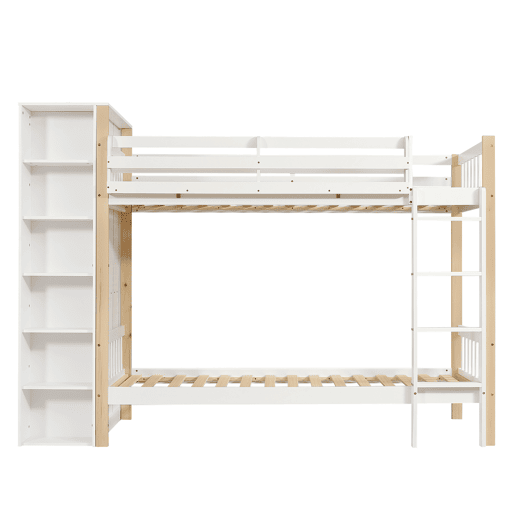 Beliche infantil 90x200cm - Com proteção contra quedas e barreira, com escada de 4 degraus, 6 prateleiras abertas, armário lateral - Branco+Natural