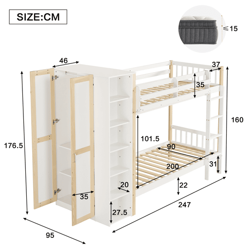 Beliche infantil 90x200cm - Com proteção contra quedas e barreira, com escada de 4 degraus, 6 prateleiras abertas, armário lateral - Branco+Natural