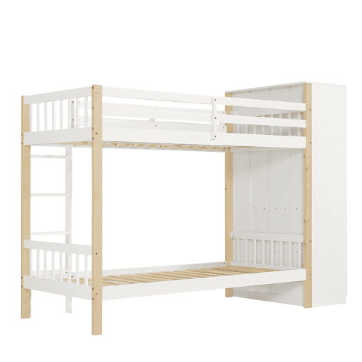Beliche infantil 90x200cm - Com proteção contra quedas e barreira, com escada de 4 degraus, 6 prateleiras abertas, armário lateral - Branco+Natural
