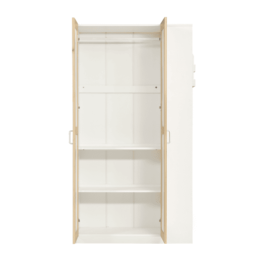Beliche infantil 90x200cm - Com proteção contra quedas e barreira, com escada de 4 degraus, 6 prateleiras abertas, armário lateral - Branco+Natural
