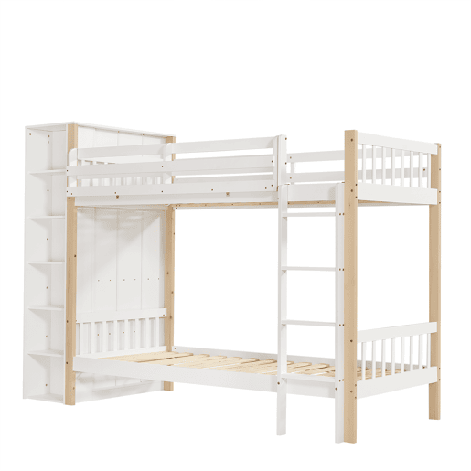 Beliche infantil 90x200cm - Com proteção contra quedas e barreira, com escada de 4 degraus, 6 prateleiras abertas, armário lateral - Branco+Natural