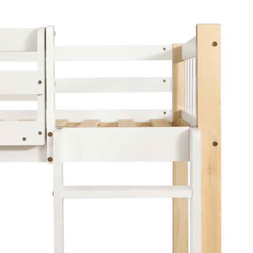 Beliche infantil 90x200cm - Com proteção contra quedas e barreira, com escada de 4 degraus, 6 prateleiras abertas, armário lateral - Branco+Natural