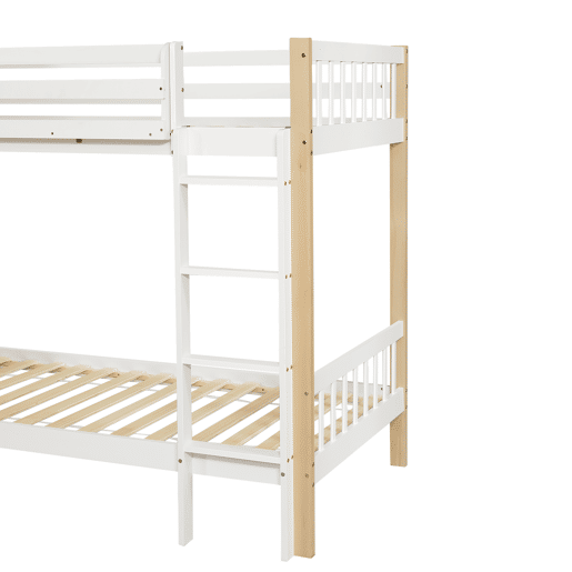 Beliche infantil 90x200cm - Com proteção contra quedas e barreira, com escada de 4 degraus, 6 prateleiras abertas, armário lateral - Branco+Natural