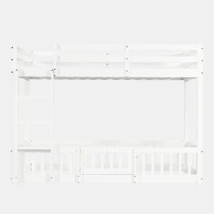 Beliche 90x200 - Cama de madeira com escada em ângulo, corrimão e porta, proteção contra quedas, espaço livre por baixo - Branco