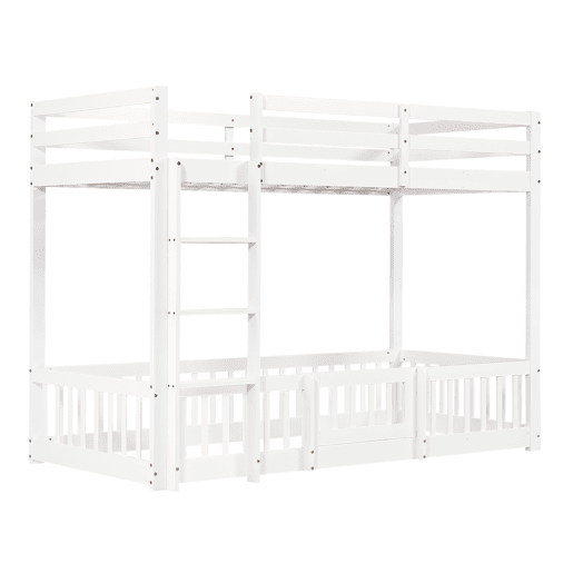 Beliche 90x200 - Cama de madeira com escada em ângulo, corrimão e porta, proteção contra quedas, espaço livre por baixo - Branco